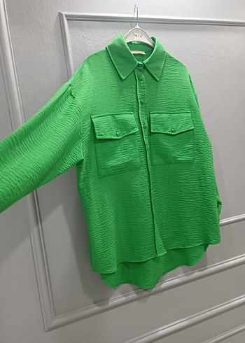 Düğmeli Yeşil Uzun Kollu Keten Gömlek - Görsel 3