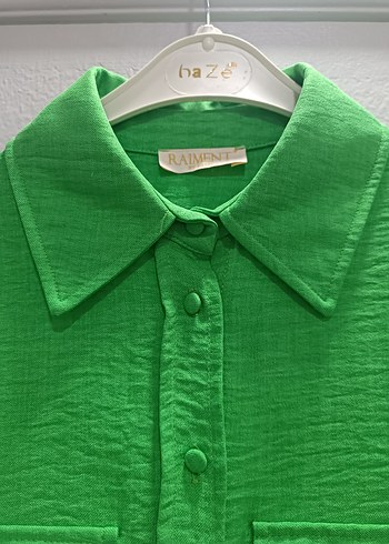 Düğmeli Yeşil Uzun Kollu Keten Gömlek - Görsel 4