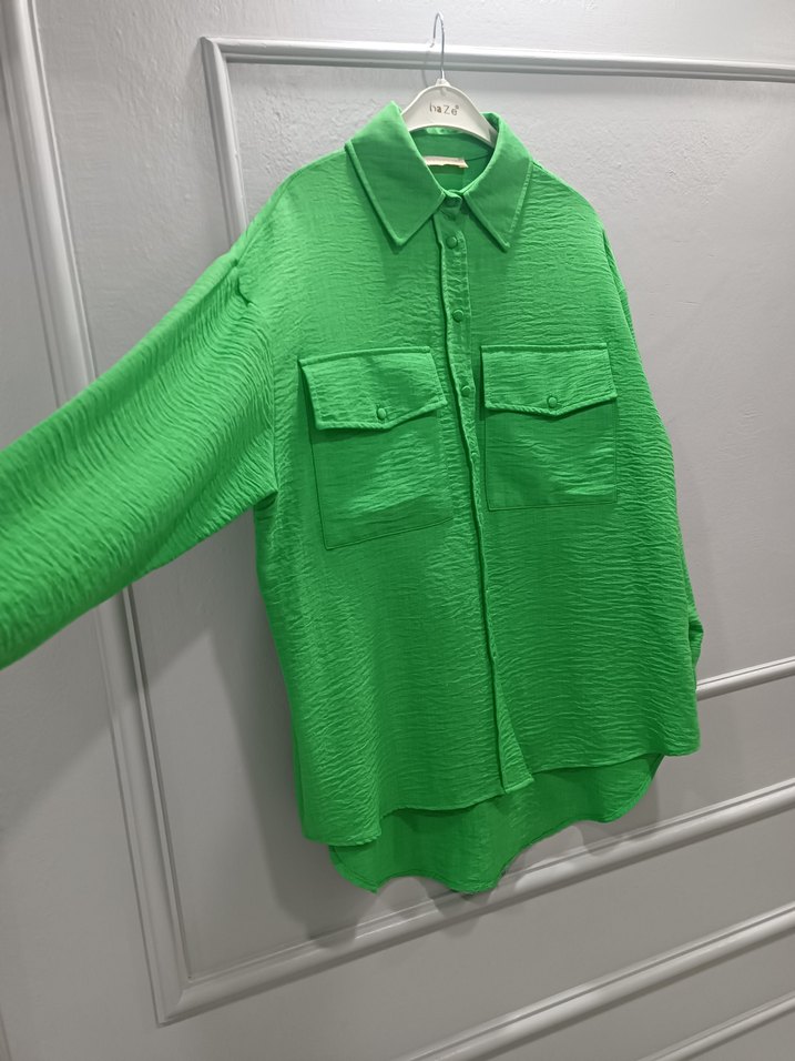 Düğmeli Yeşil Uzun Kollu Keten Gömlek - Görsel 3