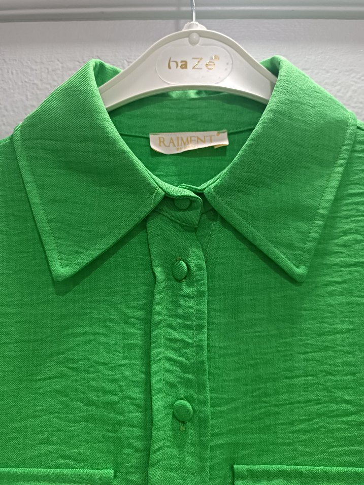 Düğmeli Yeşil Uzun Kollu Keten Gömlek - Görsel 4