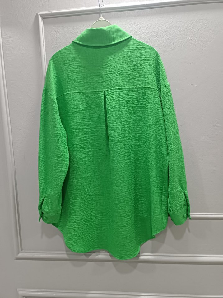 Düğmeli Yeşil Uzun Kollu Keten Gömlek - Görsel 5