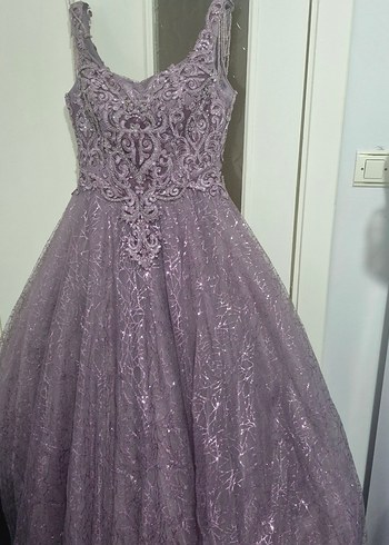 Mor V Yaka Uzun Dantel Nakışlı Abiye - Görsel 2