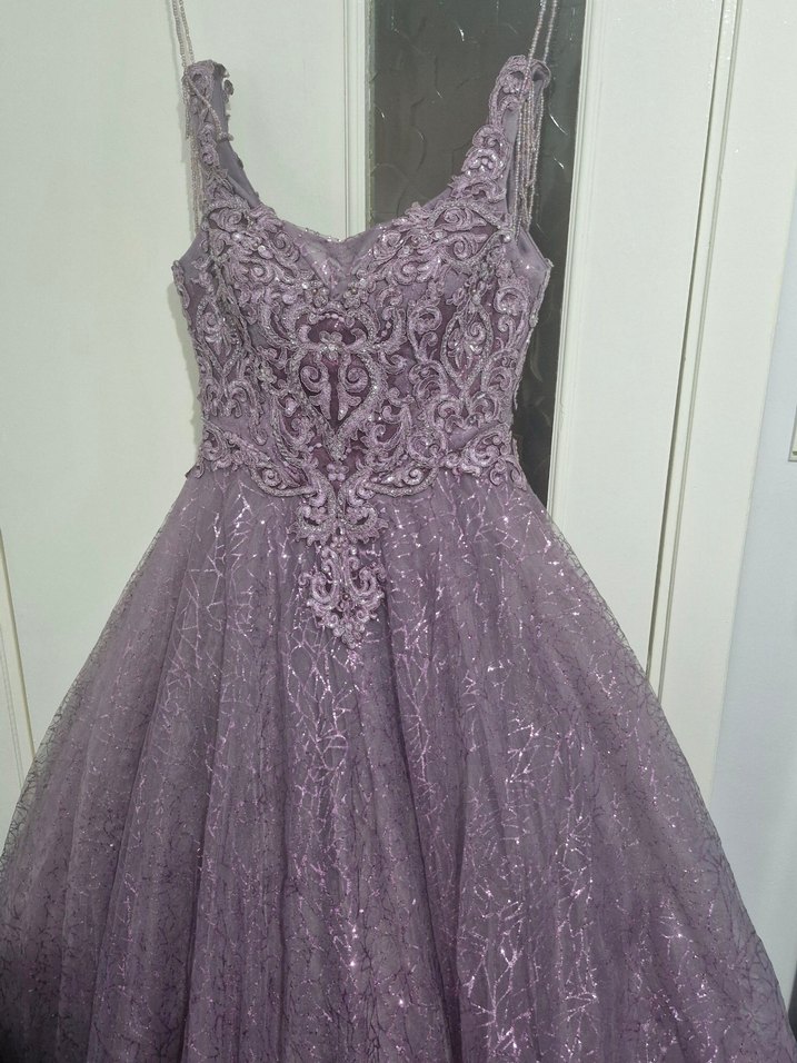 Mor V Yaka Uzun Dantel Nakışlı Abiye - Görsel 3