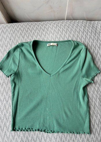 Pull and Bear Turkuaz V Yaka Kısa Kollu Kadın Tişört