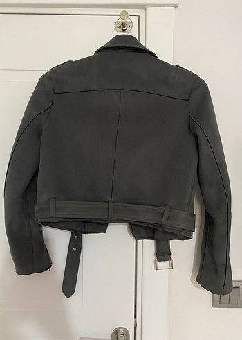 Zara Gri Deri Biker Ceket, Kemerli, Kısa