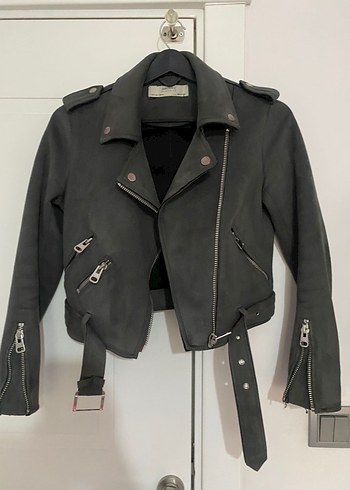 Gri Deri Biker Ceket, Kemerli, Kısa