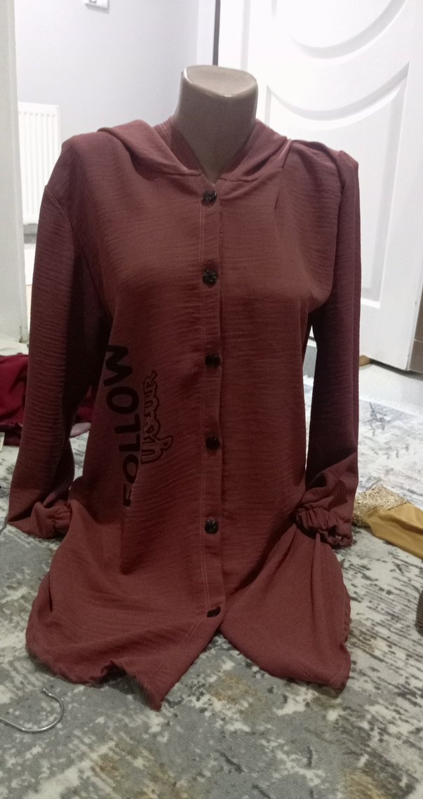 Bordo Düğmeli  Uzun Kollu Bluz - Görsel 3