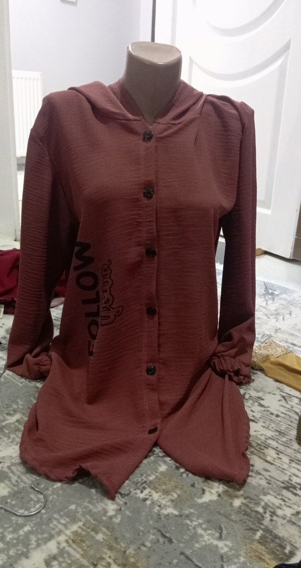 Bordo Düğmeli  Uzun Kollu Bluz - Görsel 2