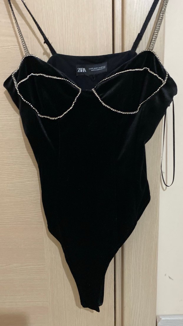 Kadın Siyah Parlak kadife body - Görsel 5