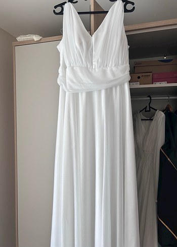 Beyaz Drapeli V Yakalı Uzun Elbise - Görsel 2