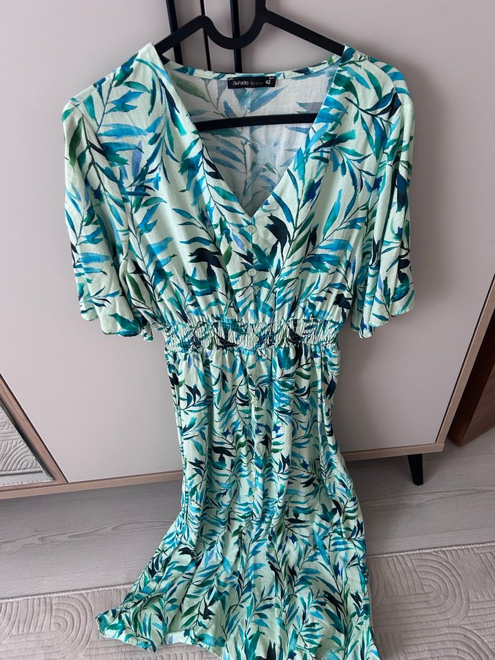 Bohem V Yaka Uzun Turkuaz Elbise - Görsel 2