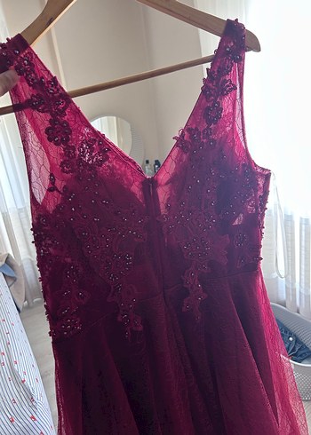 Bordo Dantel Detaylı Uzun Abiye Elbise - Görsel 3