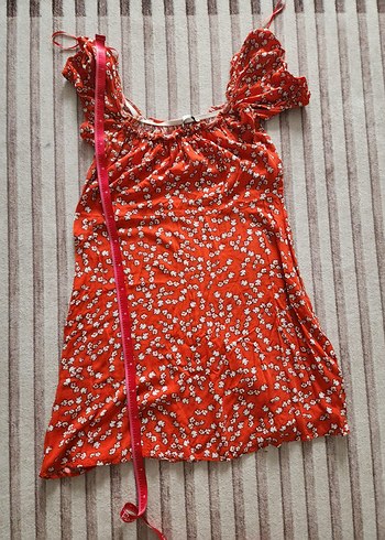 Kırmızı Çiçek Desenli Midi Rahat Elbise - Görsel 4