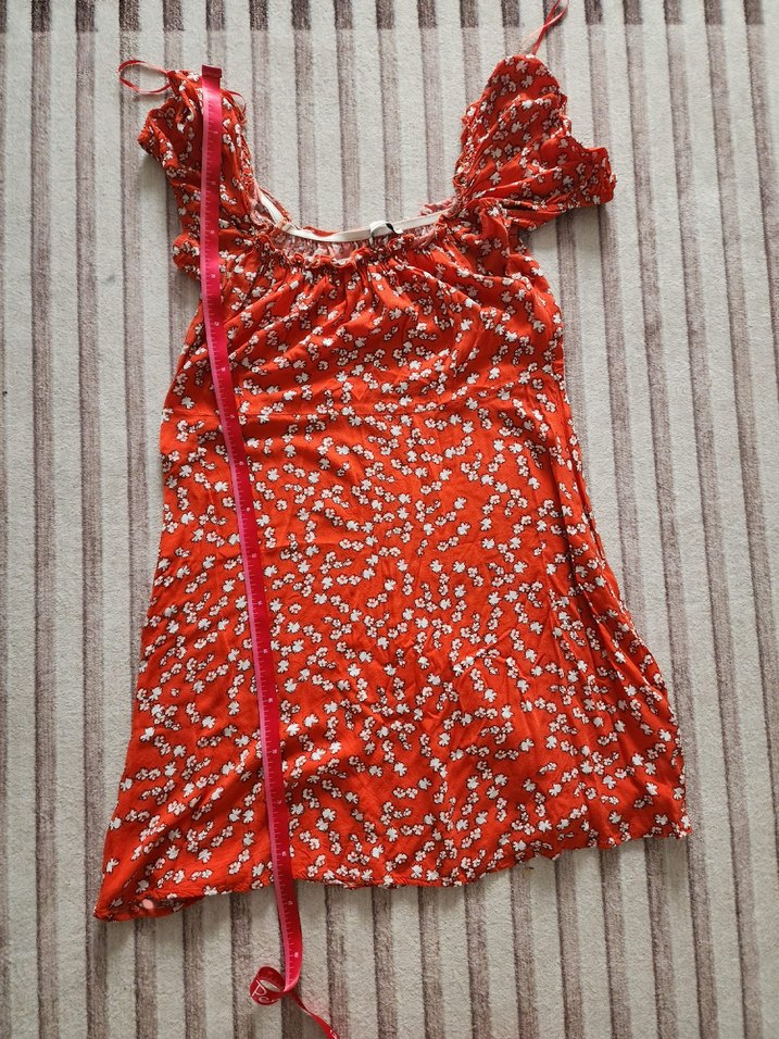 Kırmızı Çiçek Desenli Midi Rahat Elbise - Görsel 4