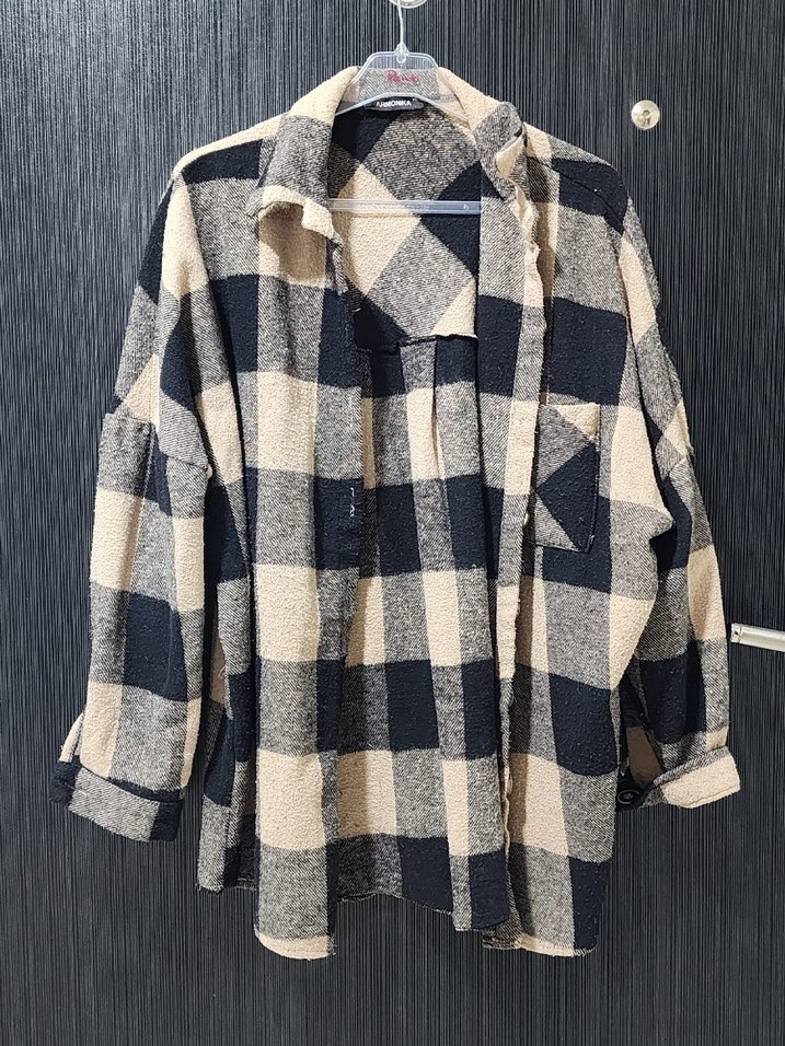 gri Ekose Desenli Düğmeli Kadın Gömlek - Görsel 2