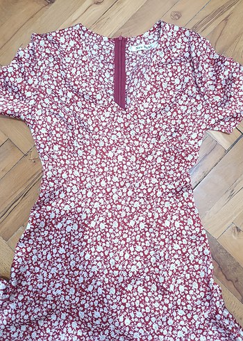 Bordo V Yaka Kısa Kollu Midi Elbise - Görsel 2