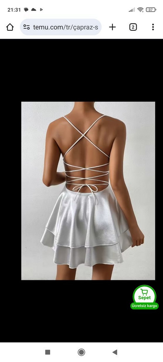 Beyaz Parlak Mini Askılı Elbise - Görsel 2