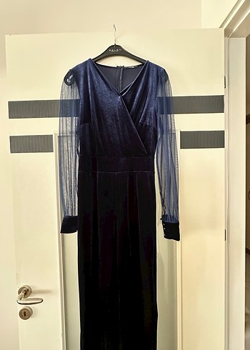 Uzun Kollu Drapeli Lacivert Gotik Elbise
