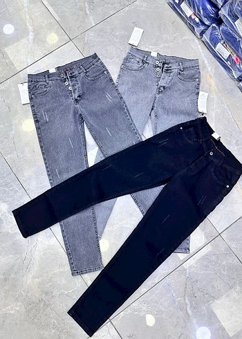 Düğmeli Gri ve Siyah Kadın Denim Pantolon