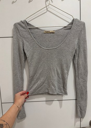 Pull&Bear Uzun Kollu Gri simli İnce Kadın Kazak