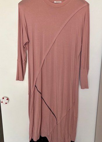 Pembe Drapeli Uzun Kollu Kadın penye tunik