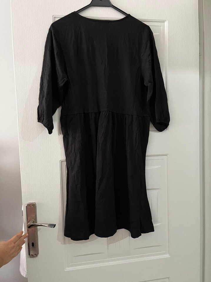 Mango Siyah V Yaka Midi Keten Elbise - Görsel 5