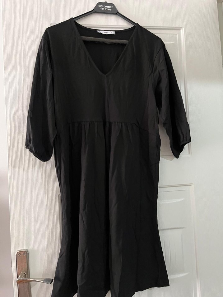 Mango Siyah V Yaka Midi Keten Elbise - Görsel 2