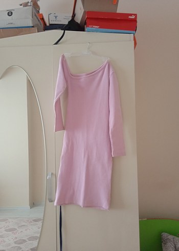 Pembe Midi Uzun Kollu dar Elbise
