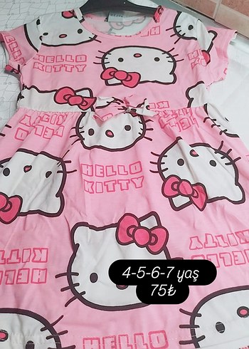 Pembe Hello Kitty Baskılı Kız Elbise