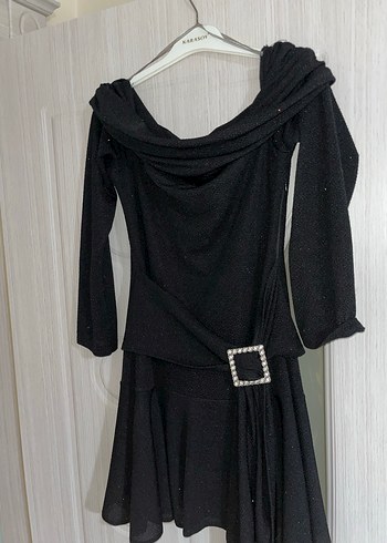 Abiye Siyah Uzun Kollu Kemer Detaylı madonna yaka simli Fitted Elbise