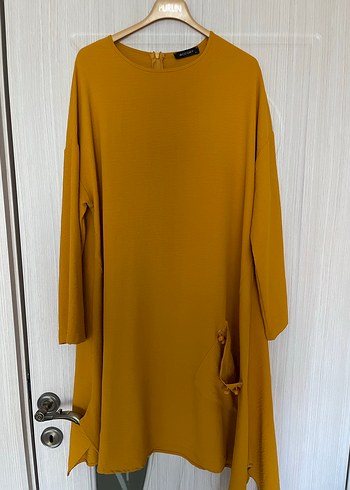 Sarı Uzun Kollu Salaş Midi Tunik