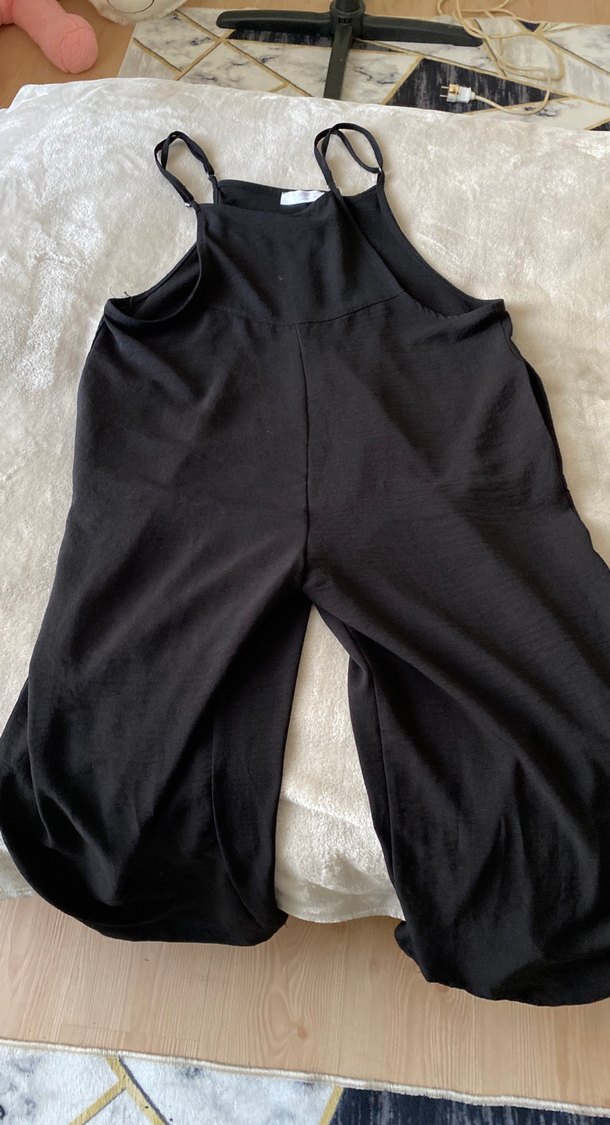 Siyah Keten Hamile Tulum, Midi Boy, Salaş Kesim - Görsel 2