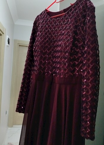 Abiye Bordo Uzun Kollu İşlemeli Abiye Elbise
