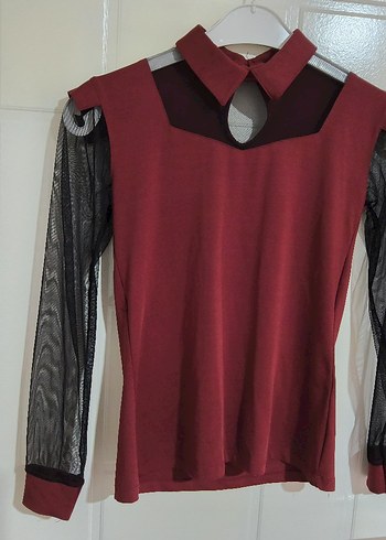 Bordo Dantel Detaylı Uzun Kollu Gotik Bluz
