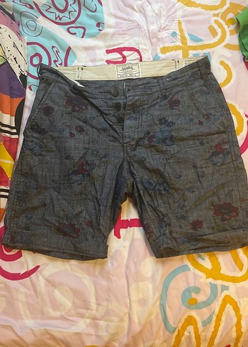Gri Bağlama Desenli Erkek Denim Şort