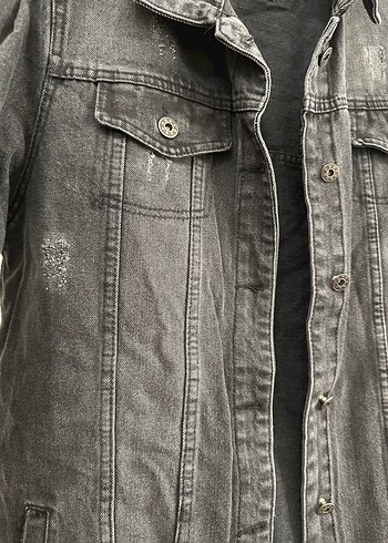 l Beden Siyah Uzun Denim Ceket Düğmeli