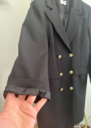 Diğer Düğmeli Siyah Kadın Uzun Blazer Ceket