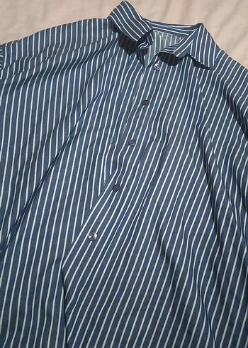 Mavi Çizgili Pilili Midi Kadın Gömlek - Görsel 2