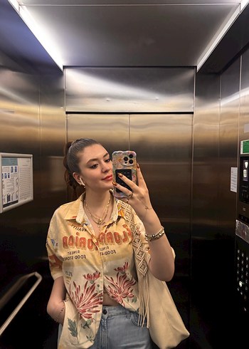 xl Beden Bershka Bohem Desenli Düğmeli Kısa Kollu Gömlek