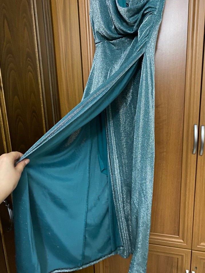 Parlak Turkuaz Drapeli Uzun Abiye Elbise - Görsel 3