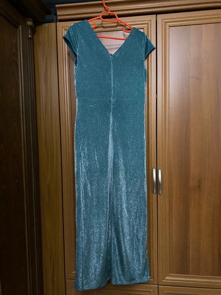 Parlak Turkuaz Drapeli Uzun Abiye Elbise - Görsel 2