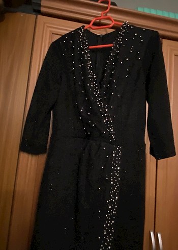 Uzun Siyah İşlemeli Kemerli Kadın Abiye Elbise - Görsel 6