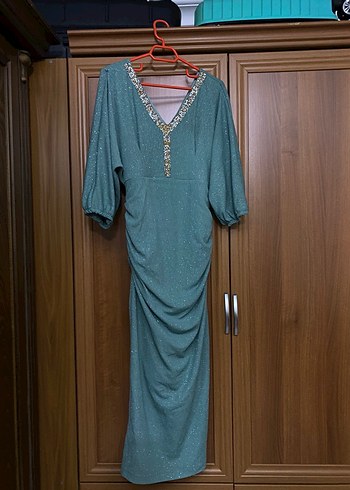 Turkuaz V Yakalı Uzun Bohem Elbise - Görsel 2