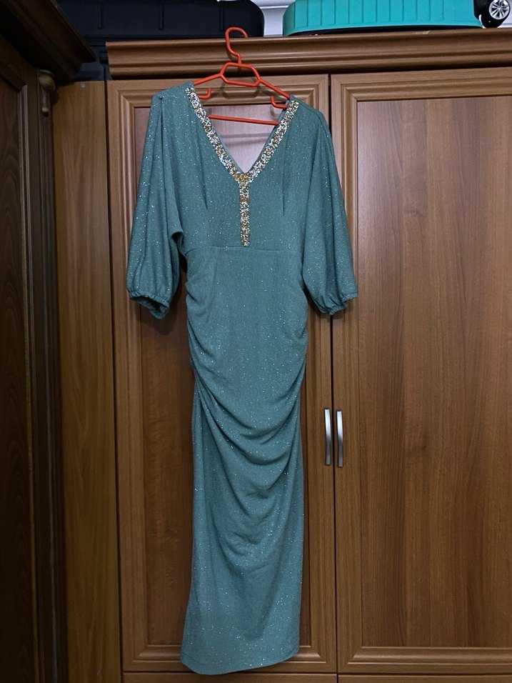 Turkuaz V Yakalı Uzun Bohem Elbise - Görsel 2