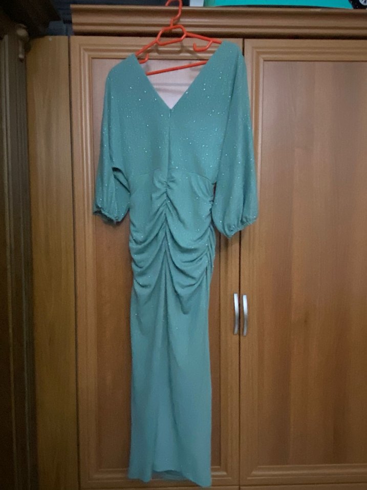 Turkuaz V Yakalı Uzun Bohem Elbise - Görsel 3