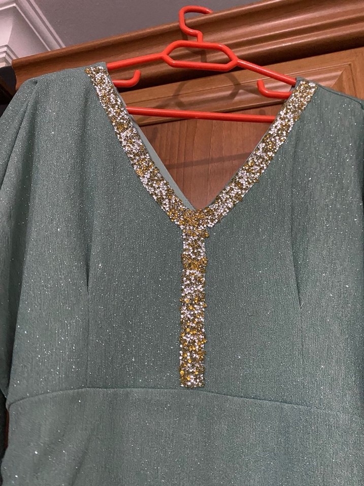 Turkuaz V Yakalı Uzun Bohem Elbise - Görsel 4