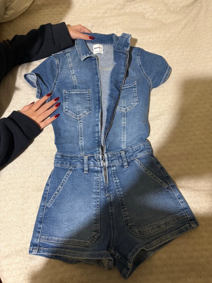 Kadın Mavi Denim Kısa Tulum - Görsel 2