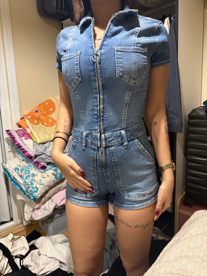 Kadın Mavi Denim Kısa Tulum - Görsel 4