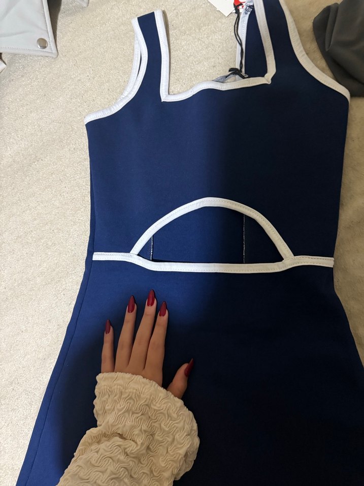 Lacivert V Yakalı Kolsuz Kalem Elbise - Görsel 3