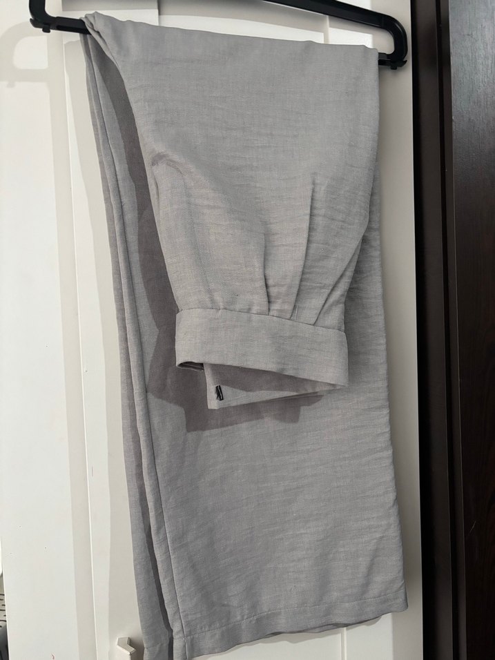 Gri Keten Düğmeli Kadın Pantolon - Görsel 2